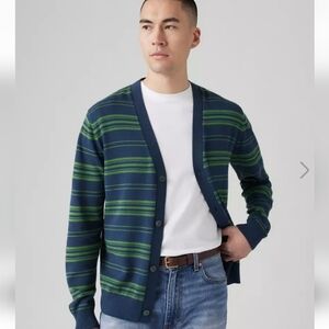 Men's Blue and Green Striped Levis Dune Cardigan Sweater Sz M
